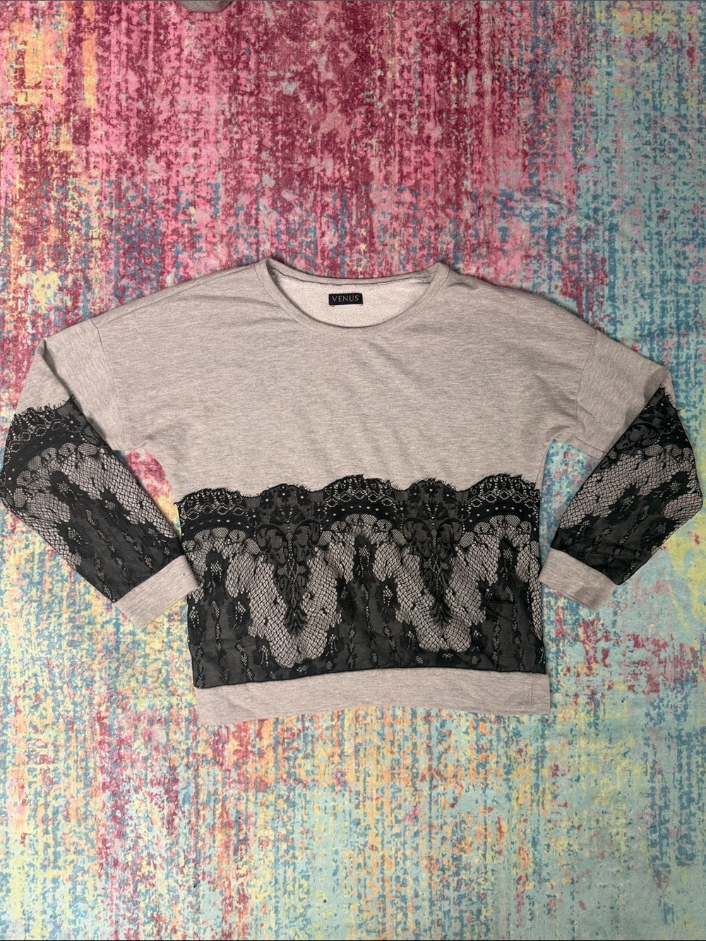 VENUS Gray Sweatshirt with Black Lace Accents